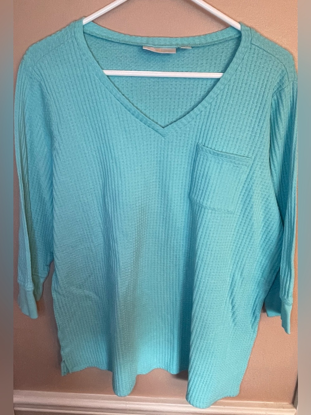 Teal Waffle-Knit V-Neck Features A Relaxes Fit With A Single Chest Pocket 1X